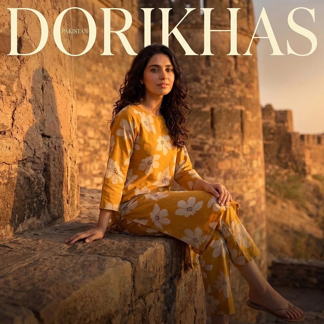 Model wearing mustard yellow floral print co-ord set sitting at a historic fort, featuring Dorikhas Pakistan branding for women's unstitched lawn collection.