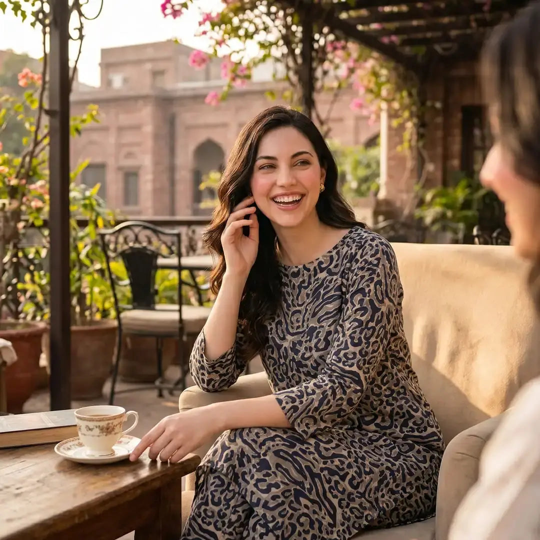 Woman smiling on a outdoor rooftop terrace wearing a grey and navy blue animal print printed lawn suit by Dorikhas Pakistan.