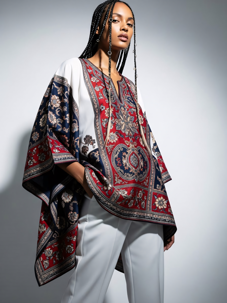 (Sample) Red Embroidered Tunic and White Patterned Trousers