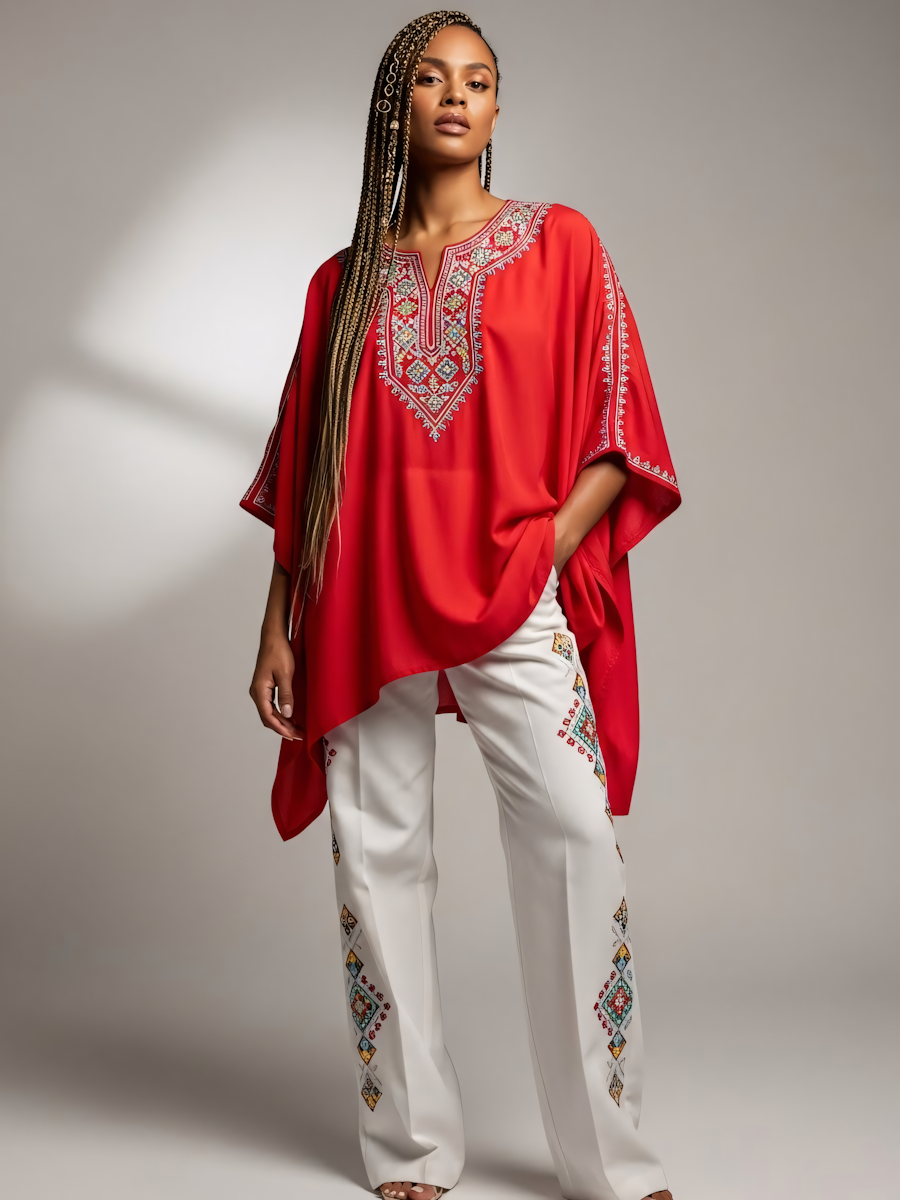 (Sample) Red Embroidered Tunic and White Patterned Trousers