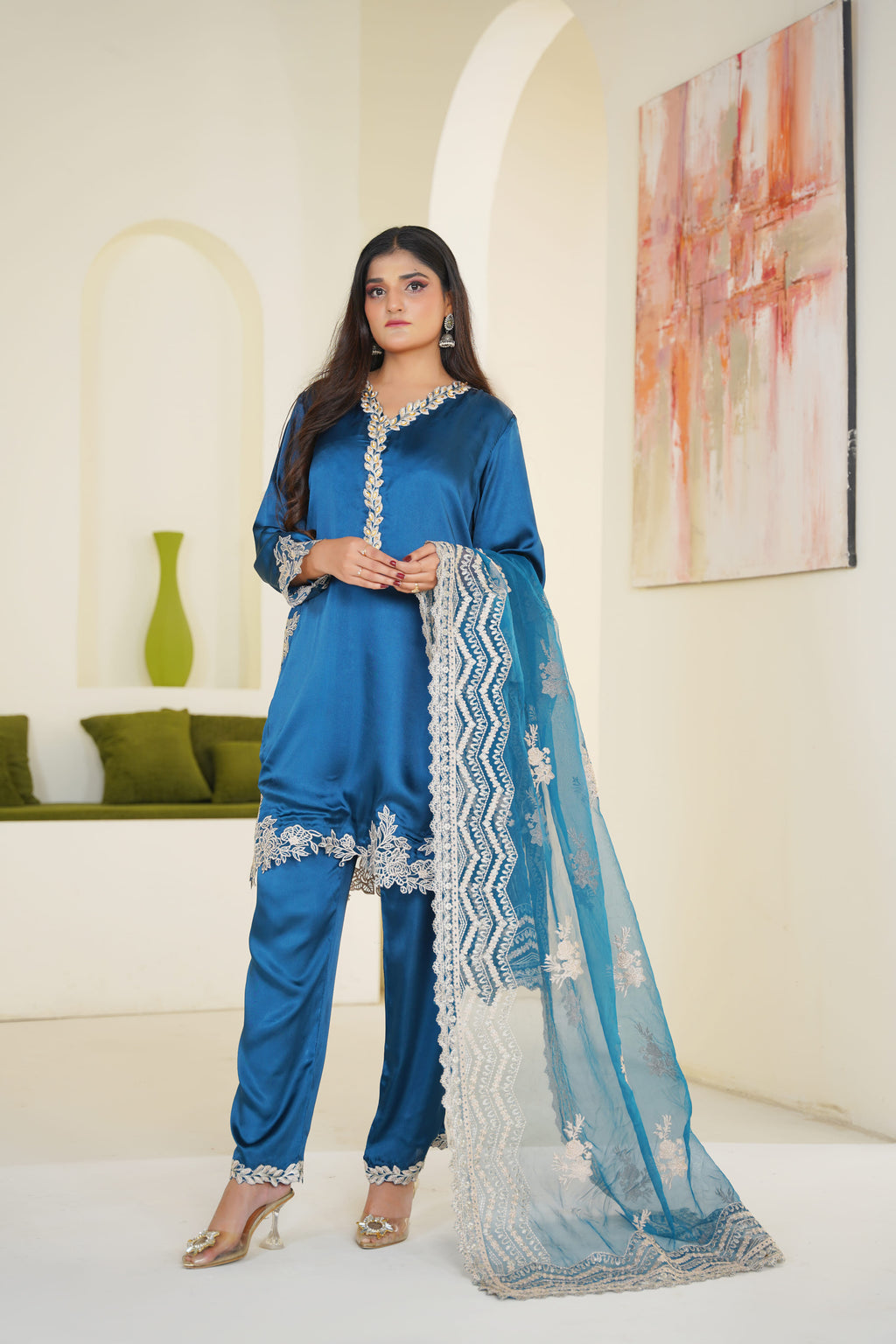 Celeste | Teal Satin Lace Border (3pc) Premium