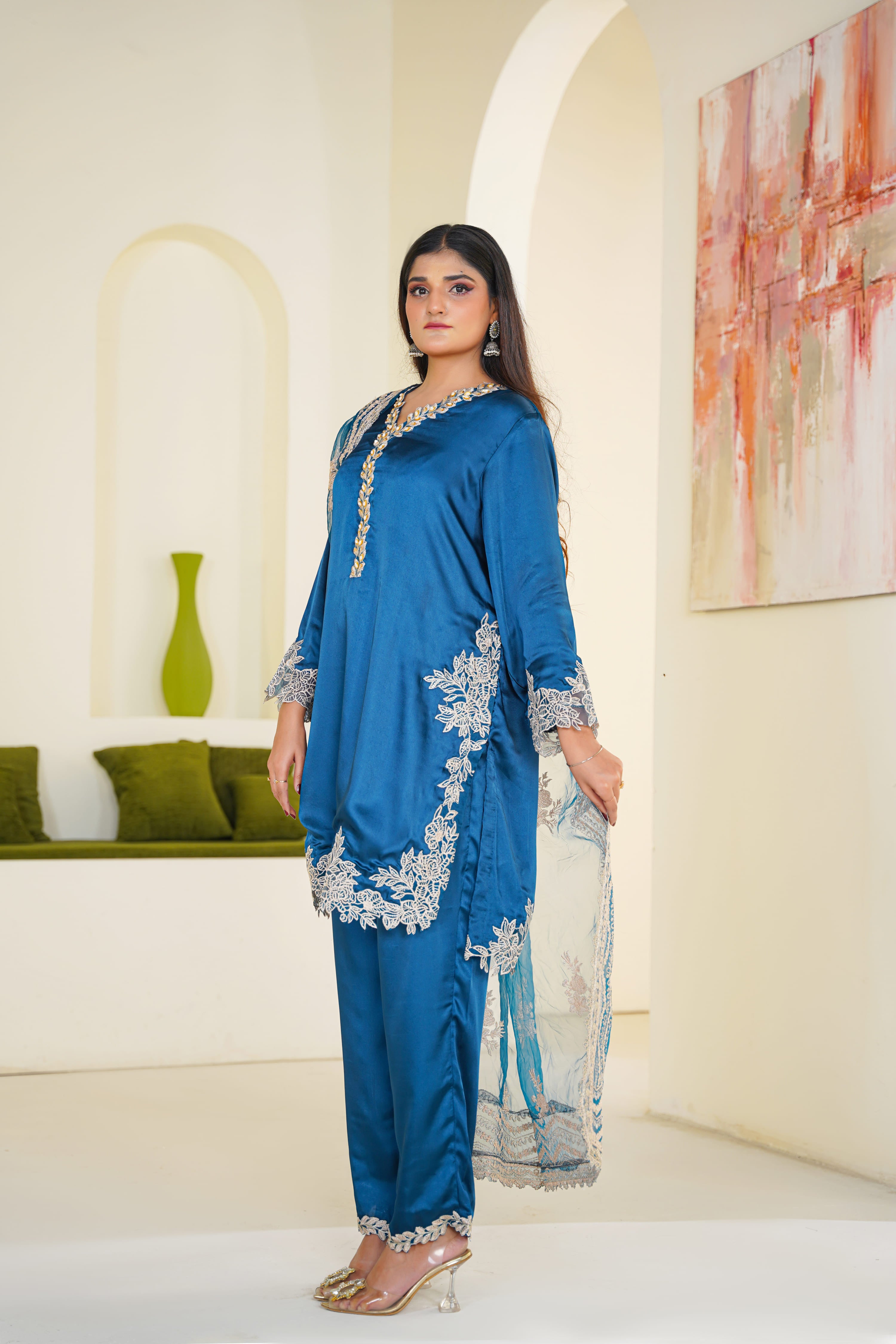Celeste | Teal Satin Lace Border (3pc) Premium
