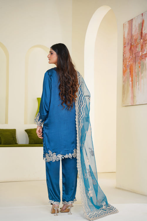 Celeste | Teal Satin Lace Border (3pc) Premium