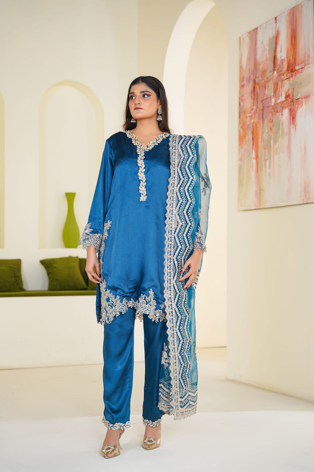 Celeste | Teal Satin Lace Border (3pc) Premium