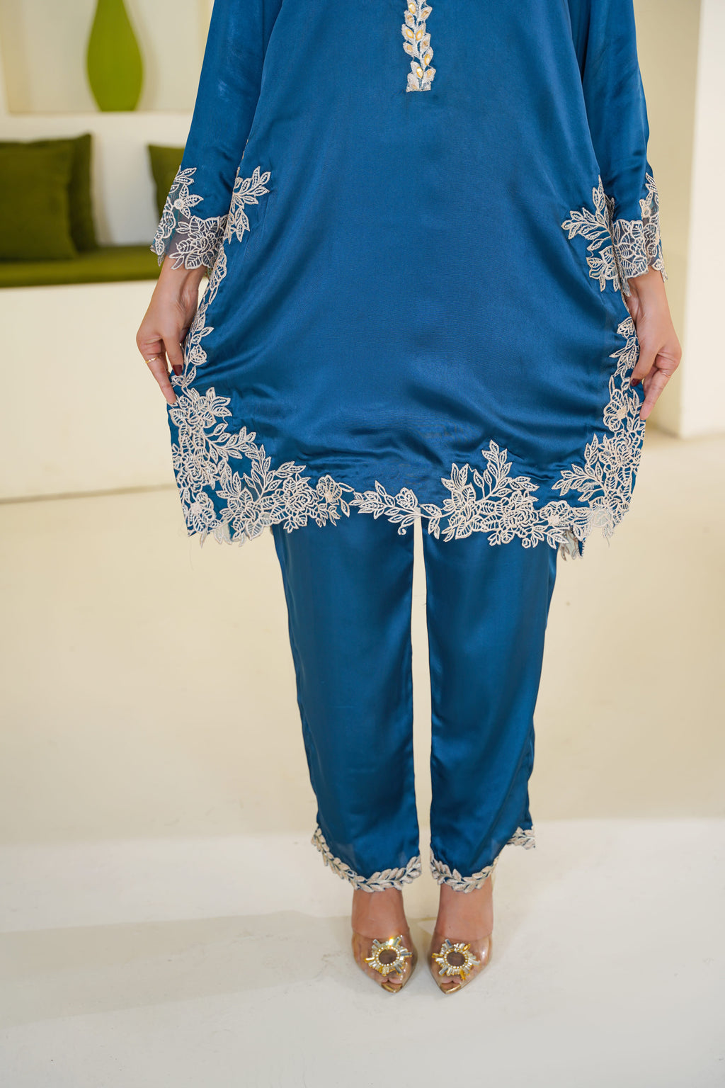Celeste | Teal Satin Lace Border (3pc) Premium