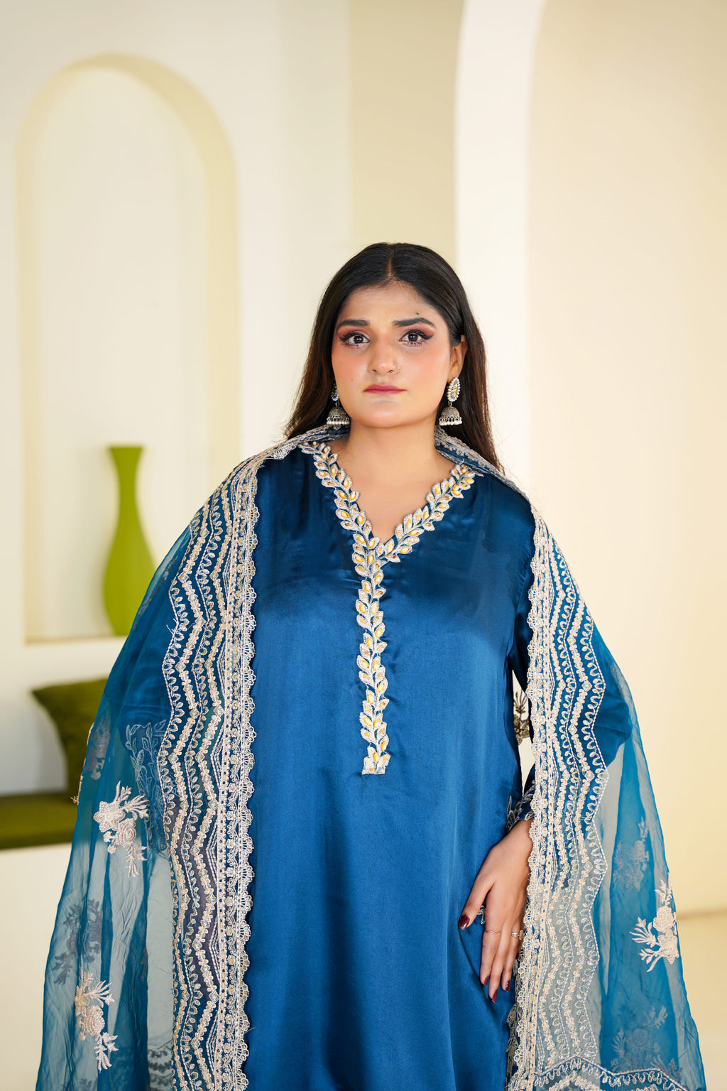 Celeste | Teal Satin Lace Border (3pc) Premium