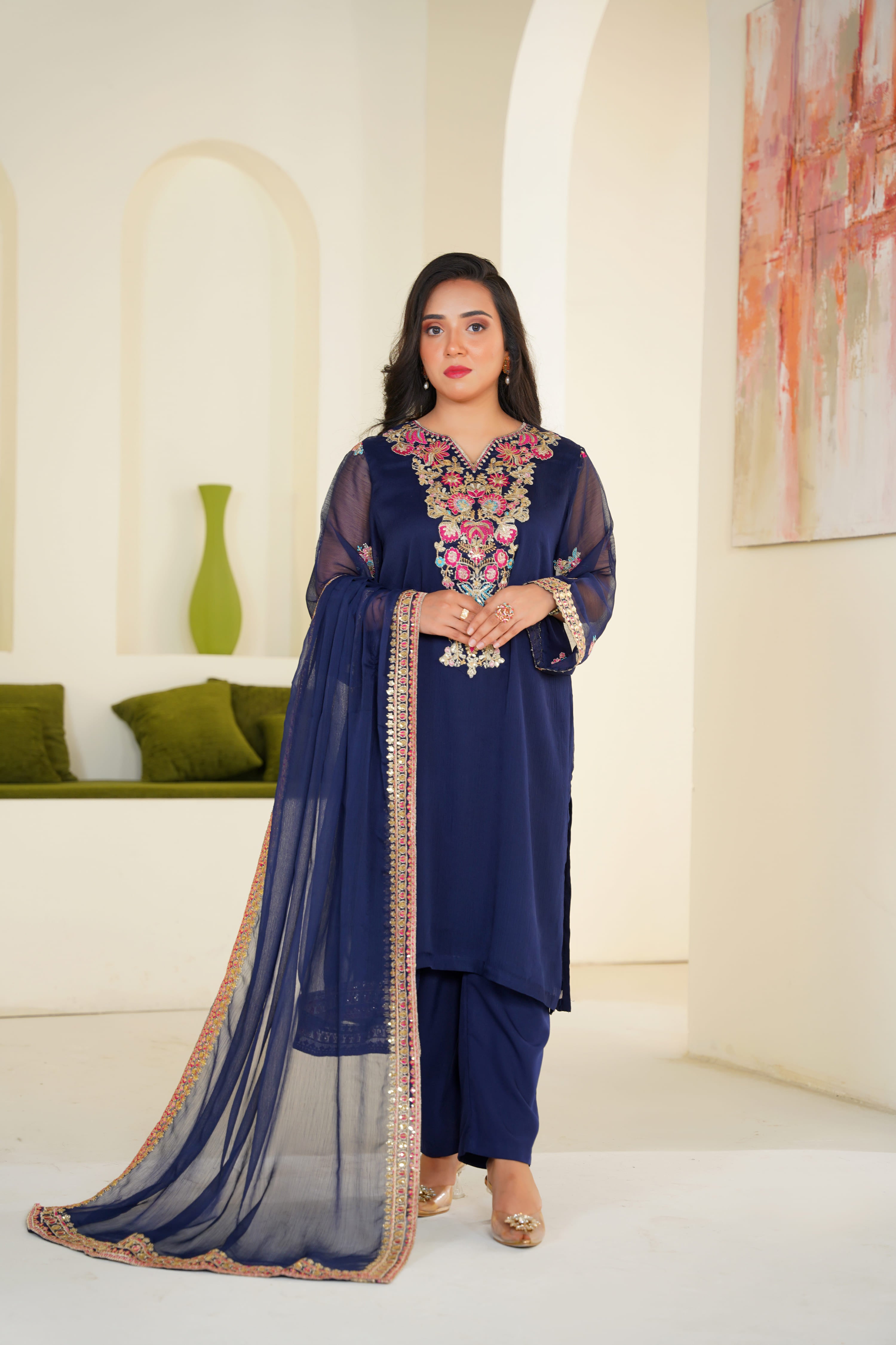 Raina | Embroidered Deep Navy Chiffon (3pc)