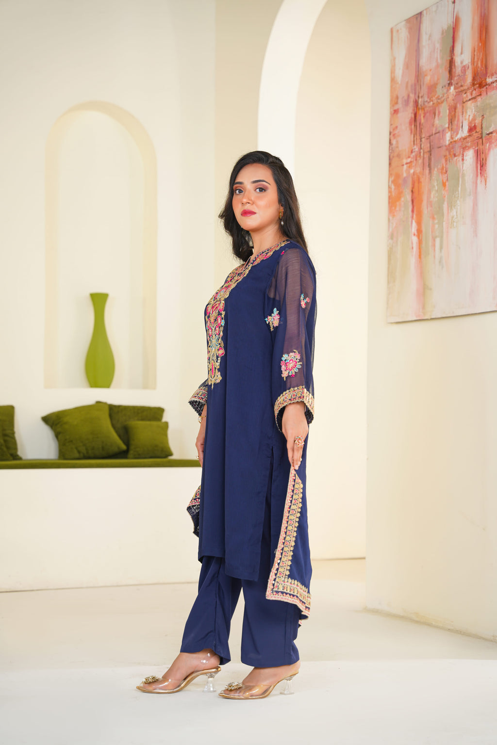 Raina | Embroidered Deep Navy Chiffon (3pc)