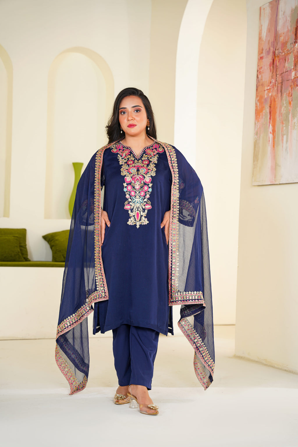 Raina | Embroidered Deep Navy Chiffon (3pc)