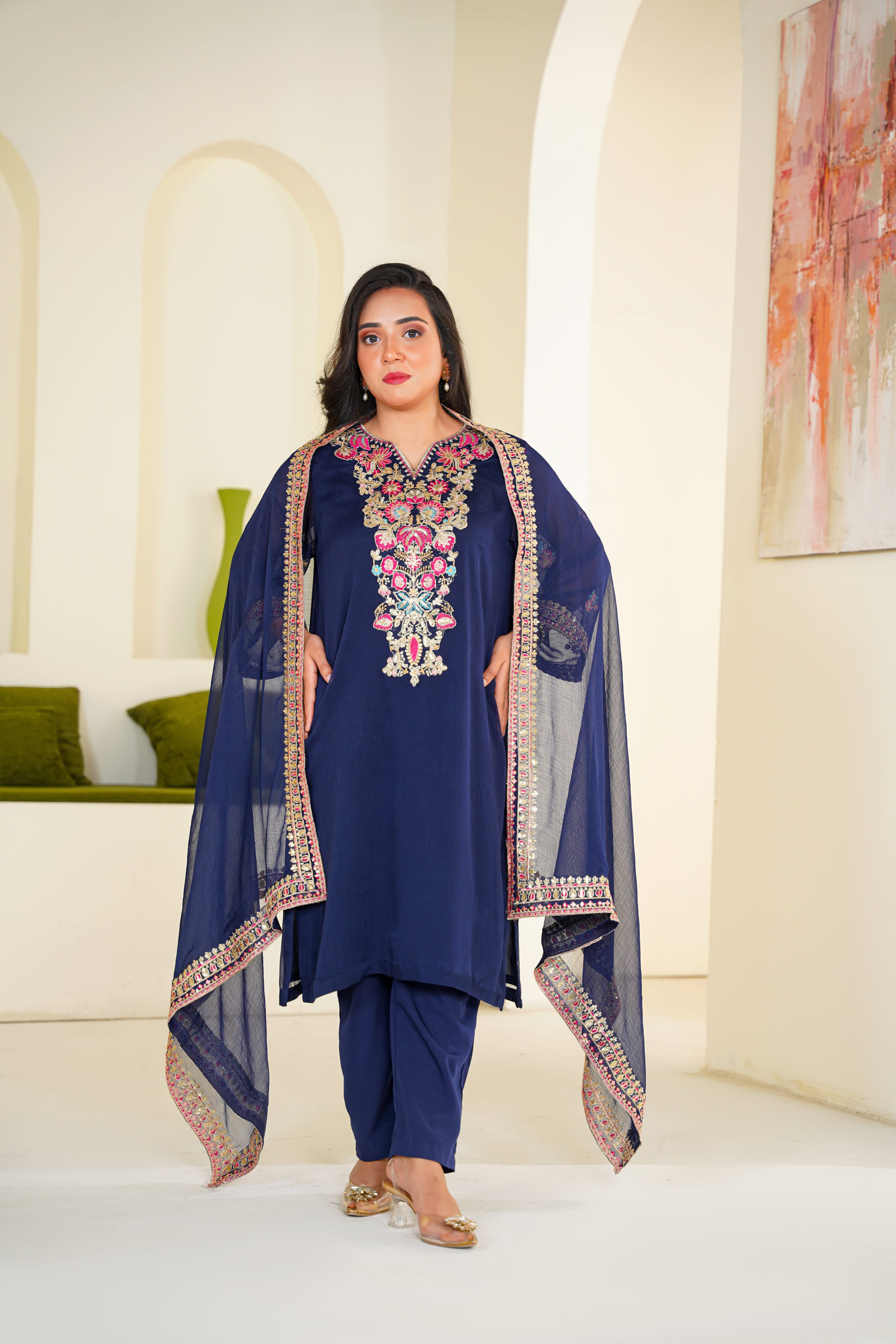 Raina | Embroidered Deep Navy Chiffon (3pc)