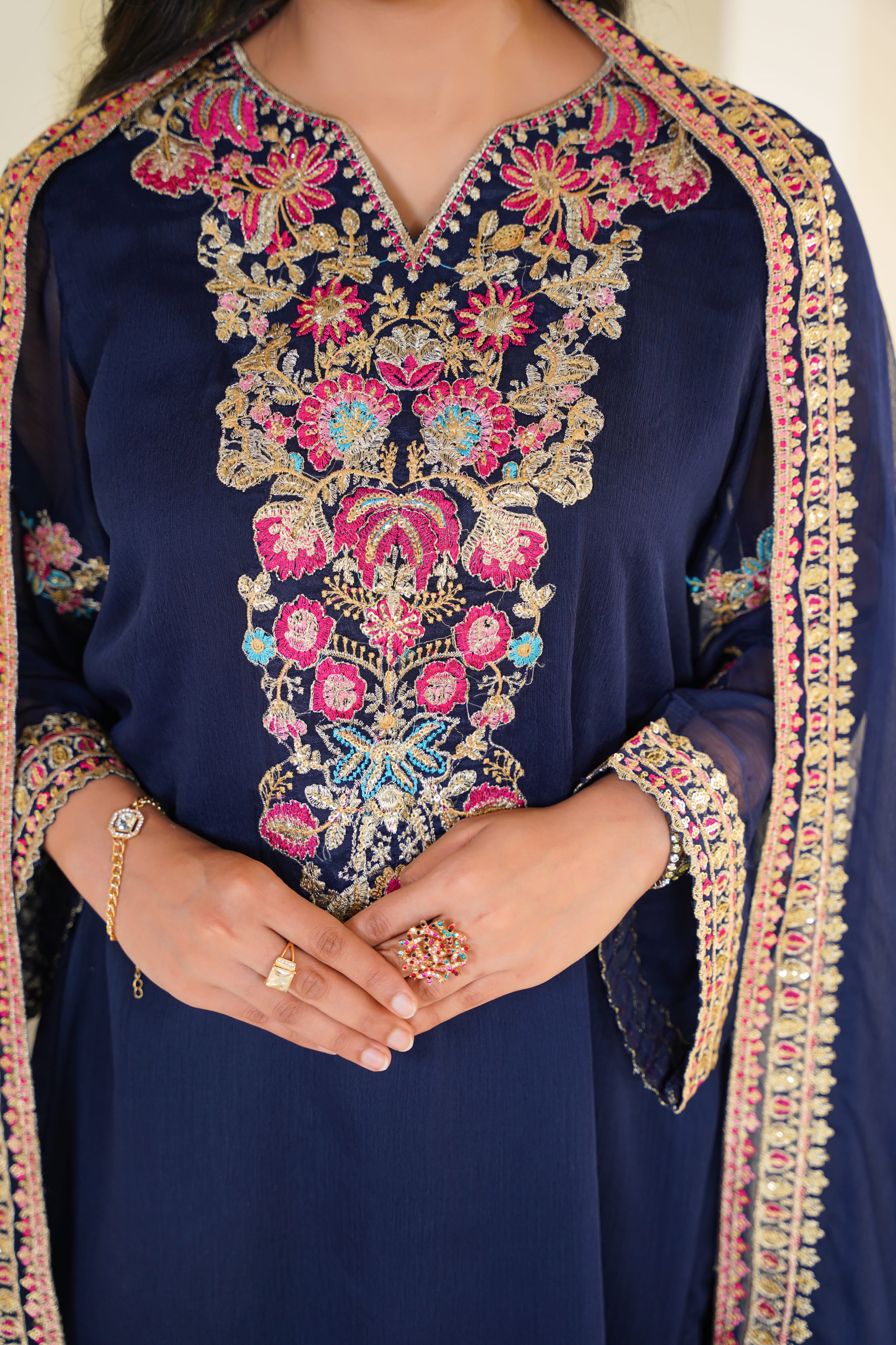 Raina | Embroidered Deep Navy Chiffon (3pc)