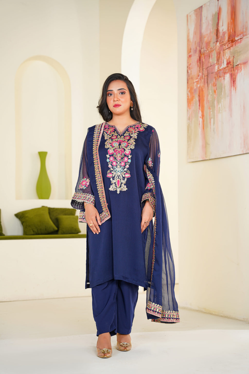 Raina | Embroidered Deep Navy Chiffon (3pc)