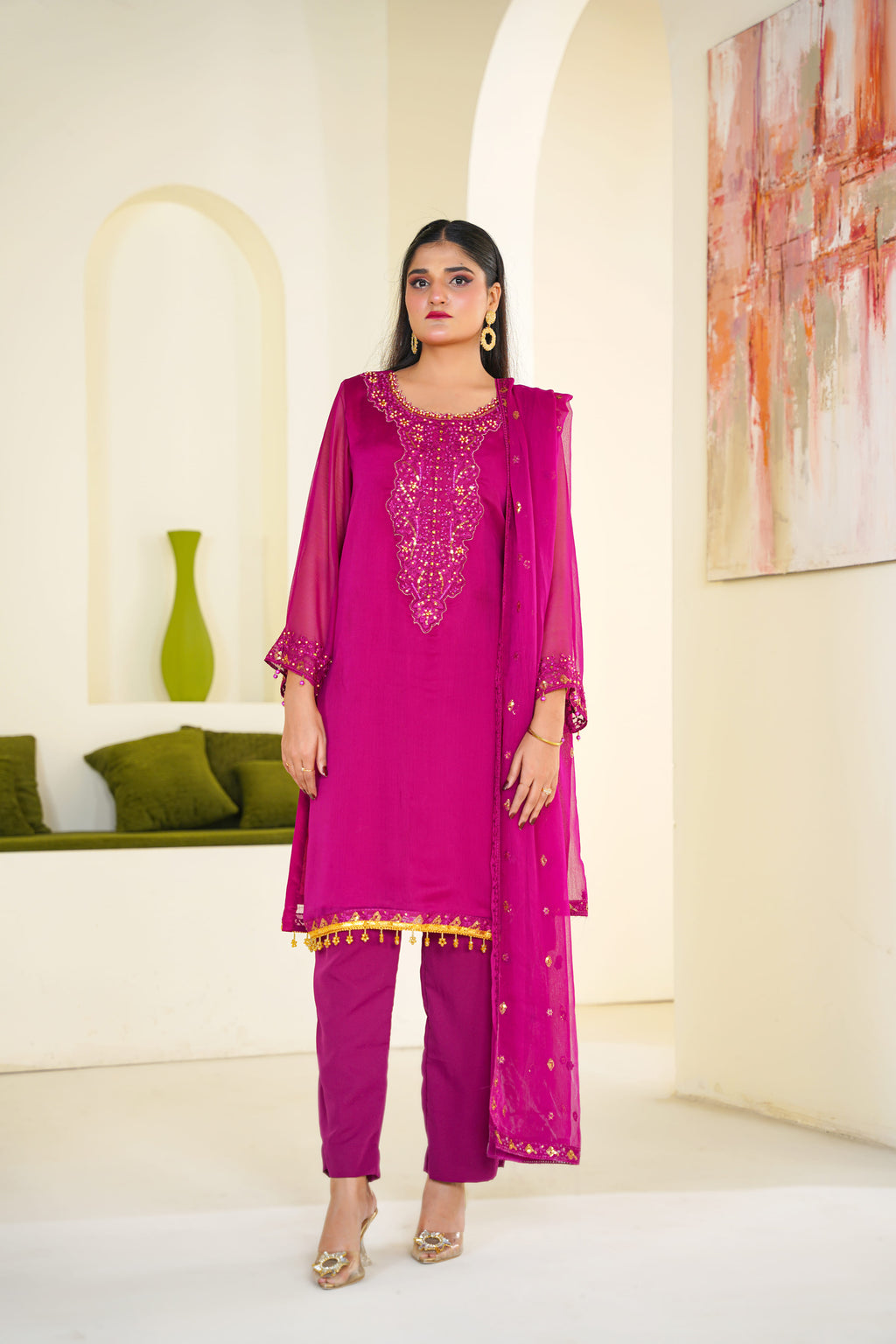 Rani | Pink Mirrorwork Chiffon Suit (3pc)