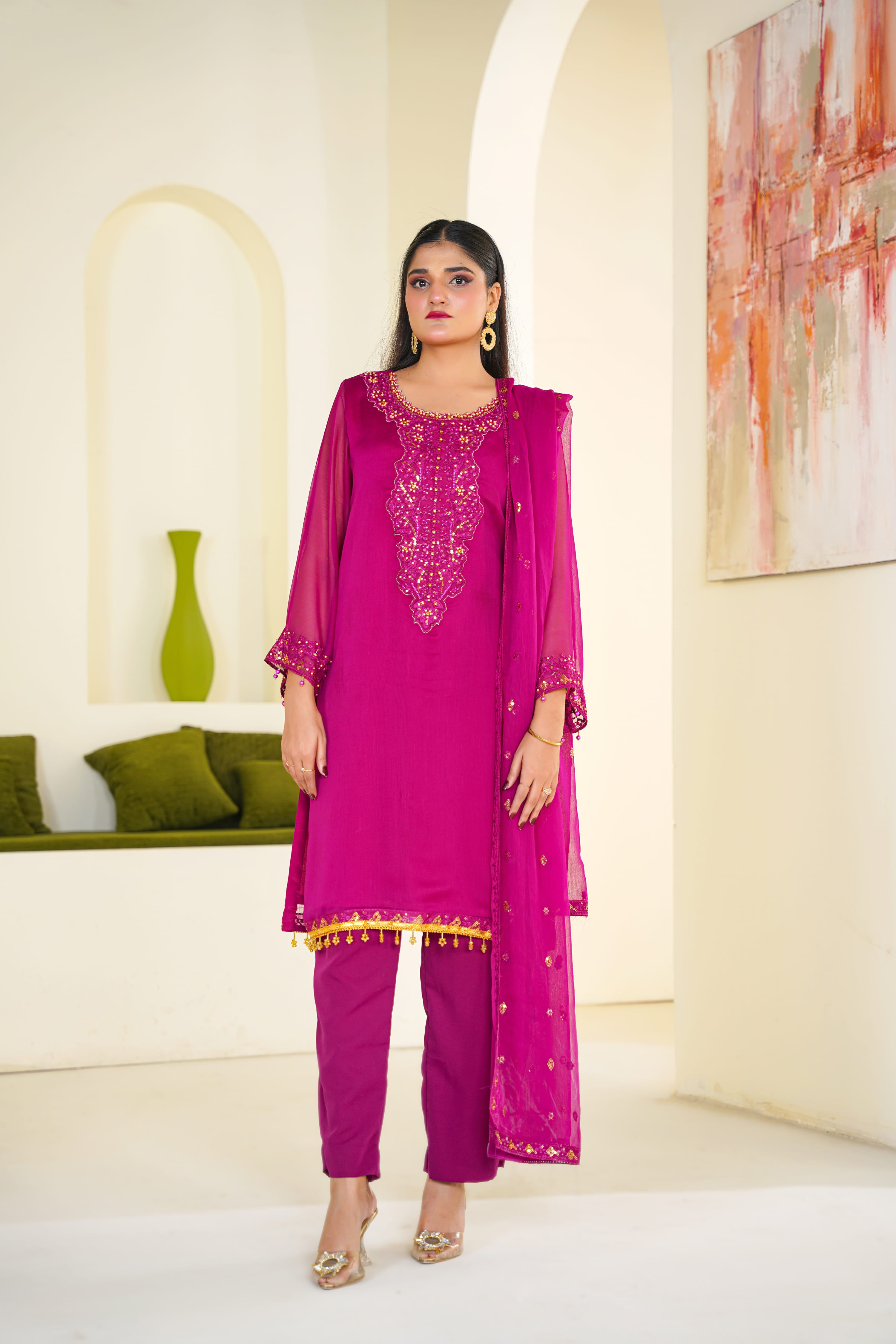 Rani | Pink Mirrorwork Chiffon Suit (3pc)
