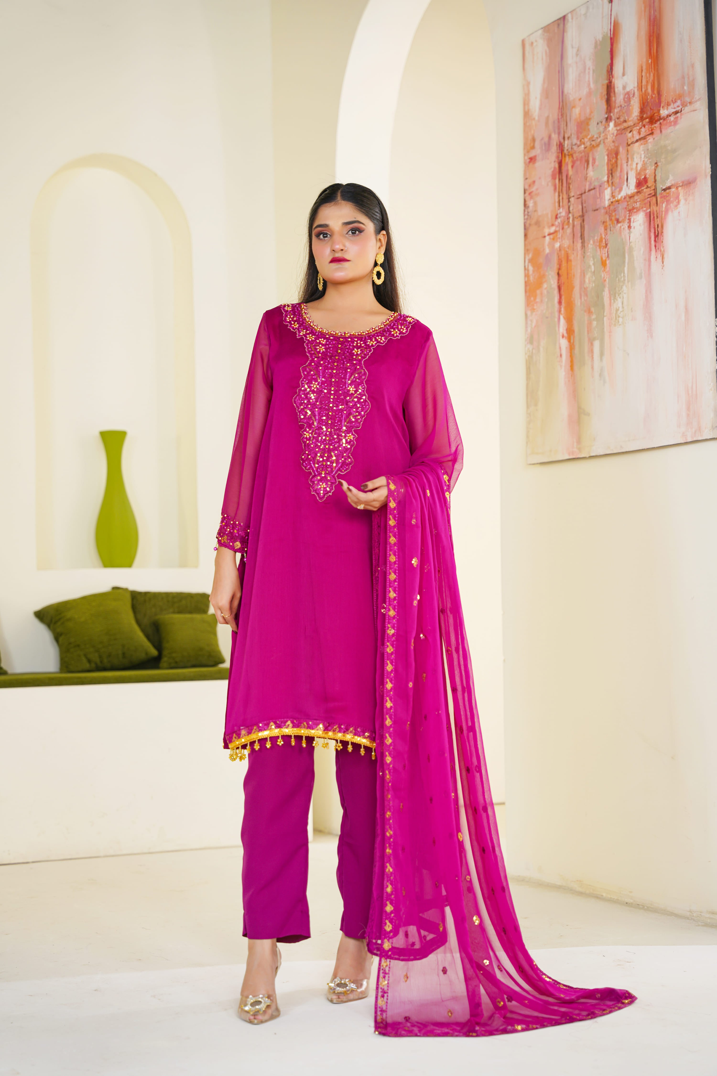 Rani | Pink Mirrorwork Chiffon Suit (3pc)