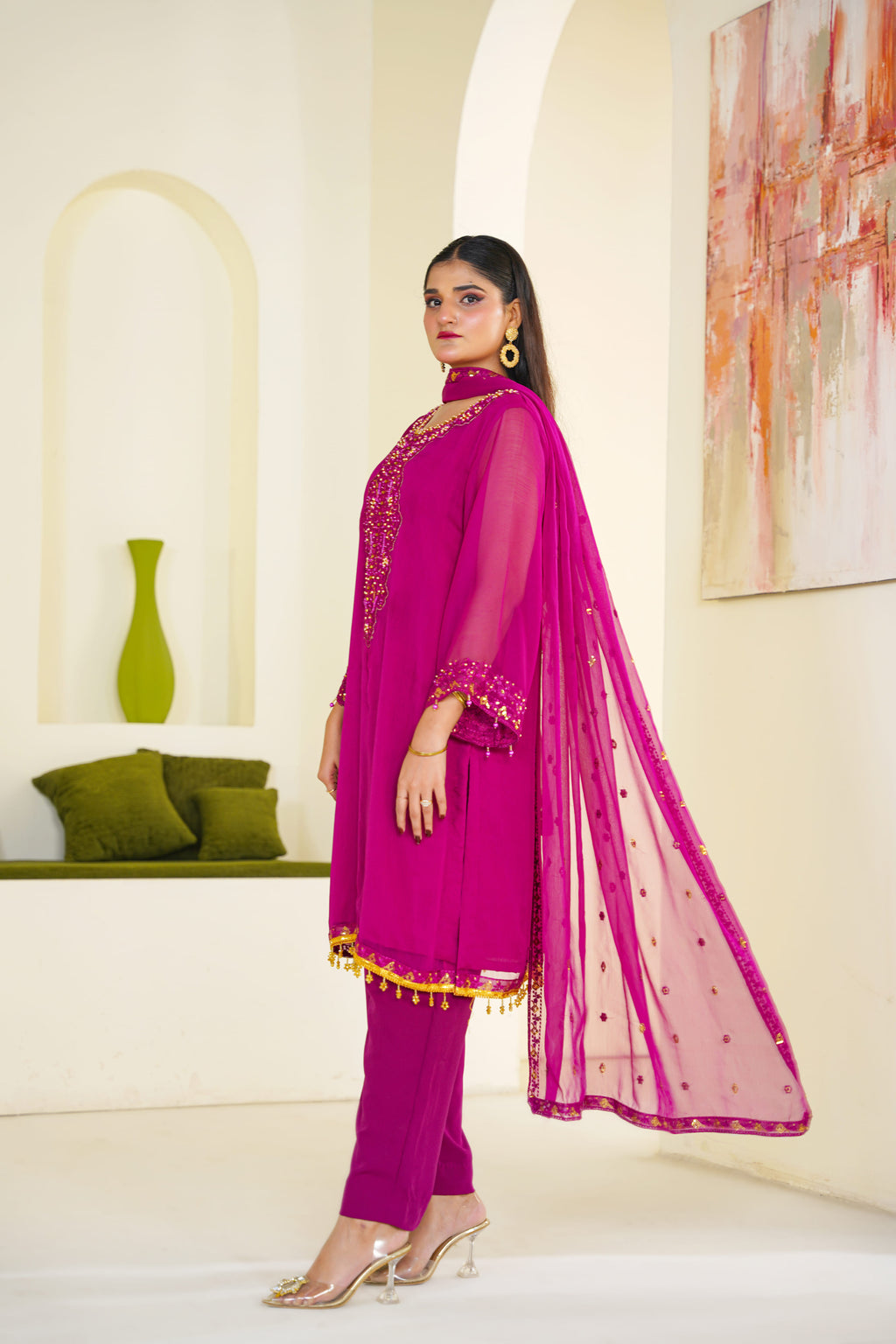 Rani | Pink Mirrorwork Chiffon Suit (3pc)