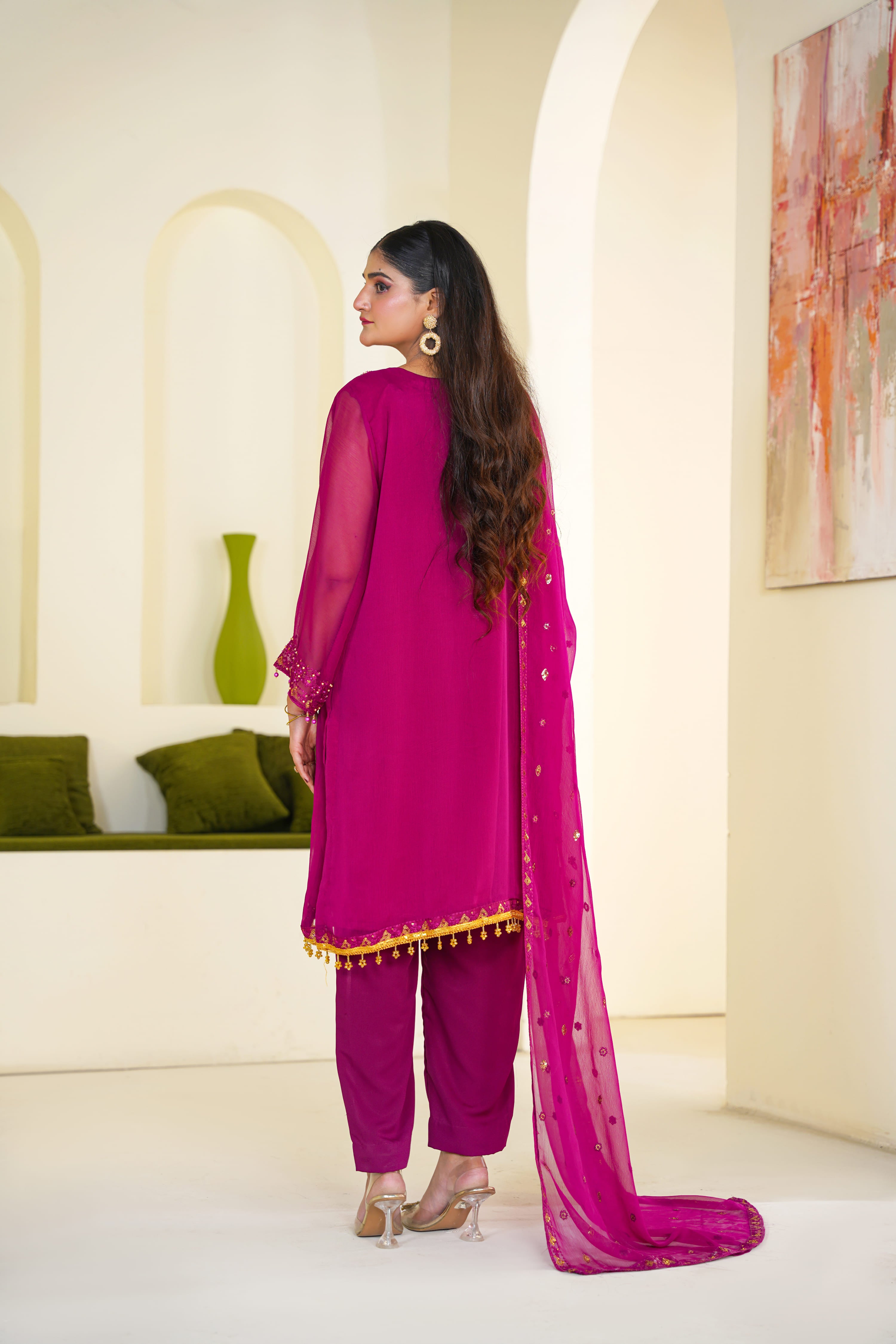 Rani | Pink Mirrorwork Chiffon Suit (3pc)