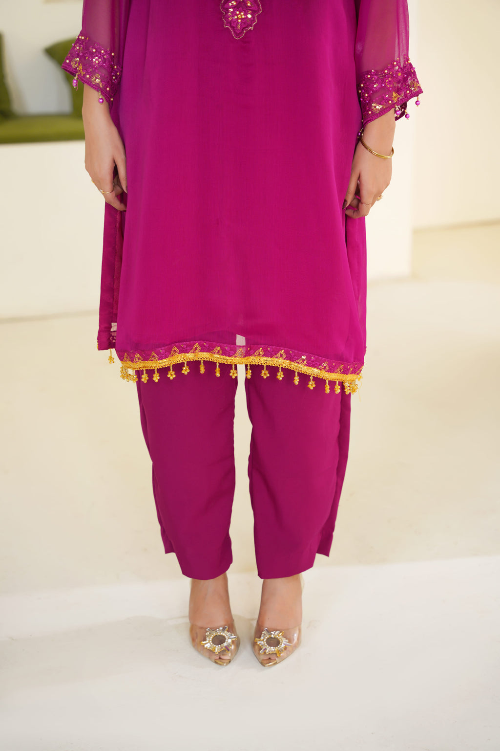 Rani | Pink Mirrorwork Chiffon Suit (3pc)