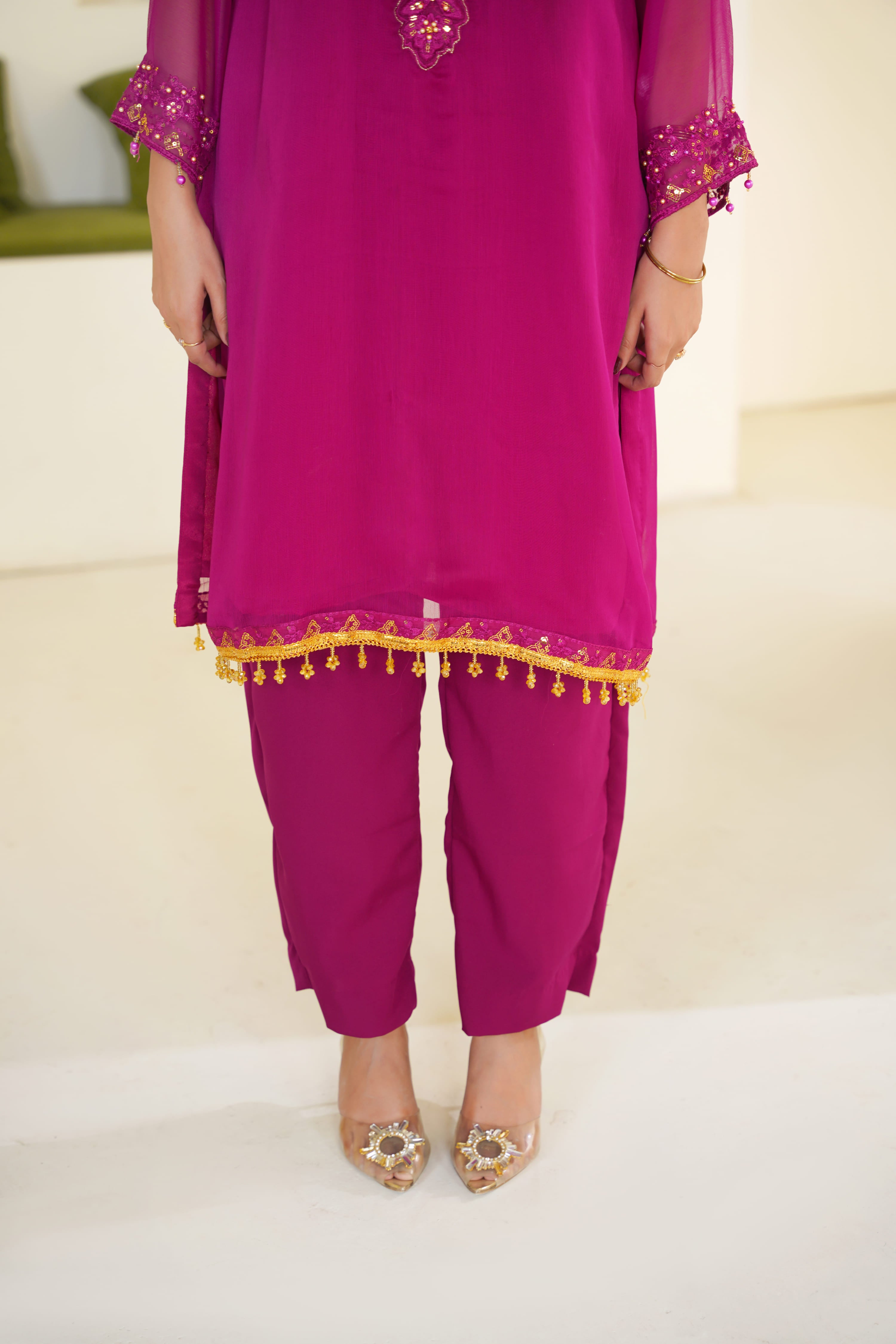 Rani | Pink Mirrorwork Chiffon Suit (3pc)