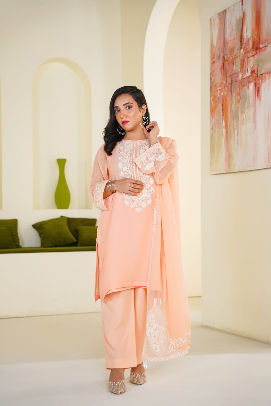 Pêche | Embroidered Peach Chiffon (3pc)