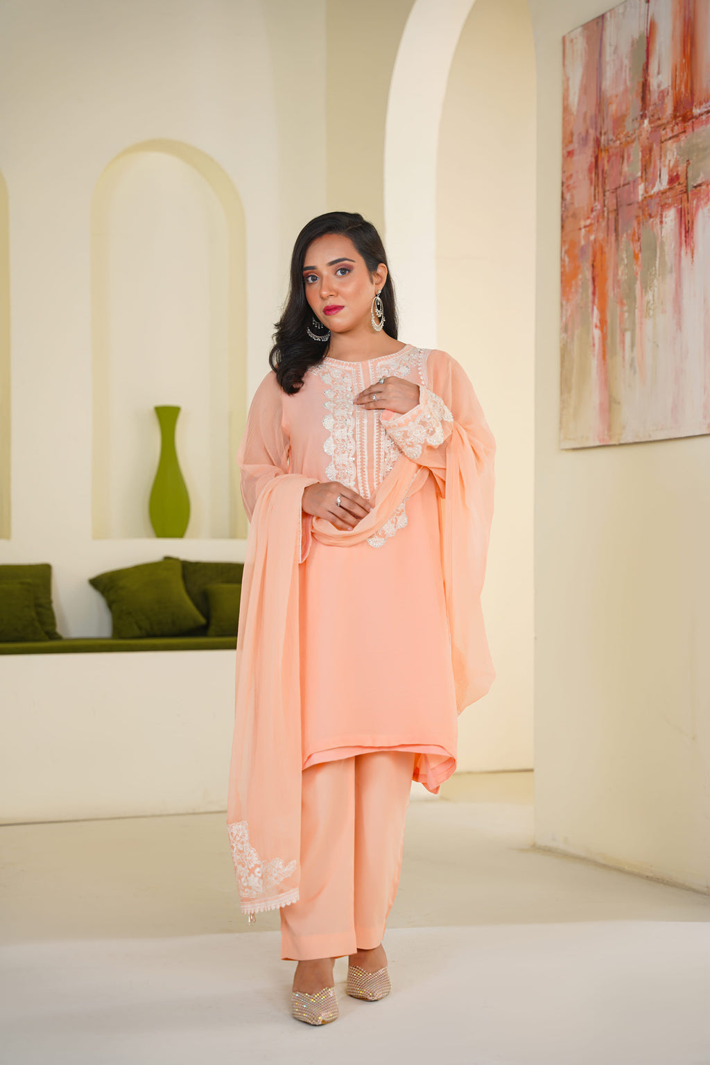 Pêche | Embroidered Peach Chiffon (3pc)