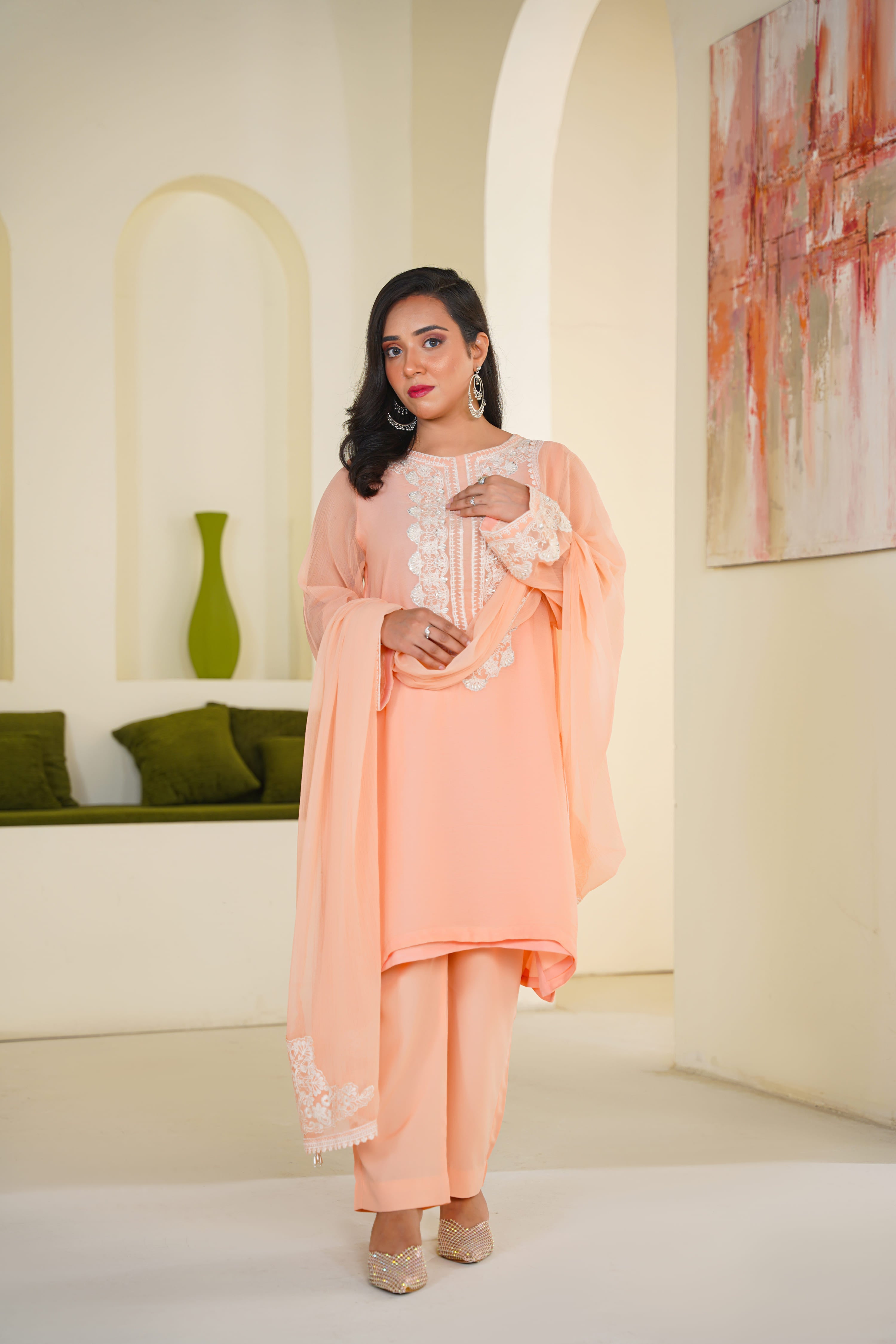 Pêche | Embroidered Peach Chiffon (3pc)