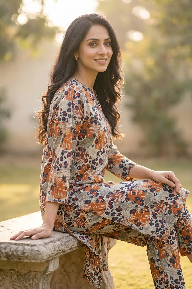Side profile of a smiling model sitting on a stone bench wearing the Dorikhas Amber Jungle unstitched 2 piece printed lawn dress.