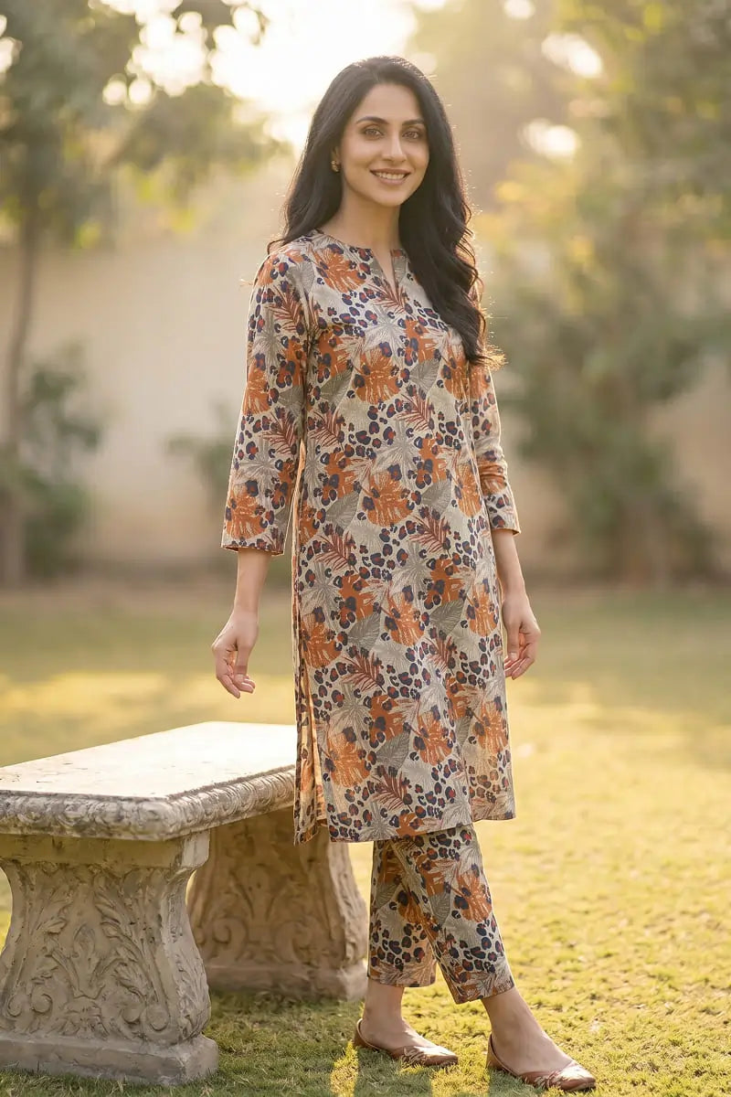 Front view of the Amber Jungle 2 piece printed lawn unstitched outfit by Dorikhas, styled in a sunlit outdoor garden setting.