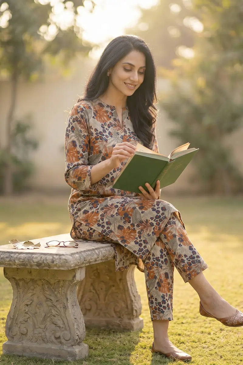 Lifestyle shot of a woman reading a book outdoors, wearing the earthy rust and cream Amber Jungle 2 piece printed lawn suit by Dorikhas.