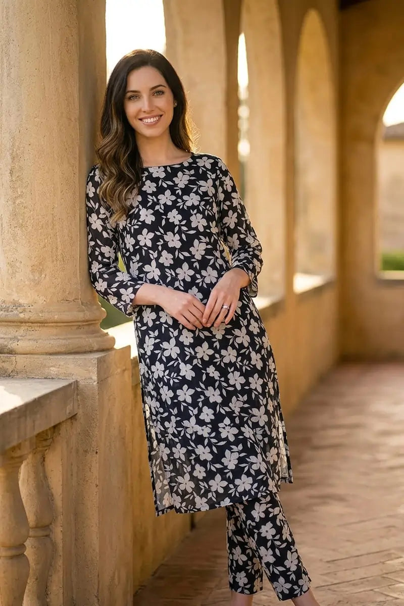 Front view of the navy and white floral Midnight Blossom 2 piece unstitched printed lawn dress by Dorikhas, modeled outdoors.