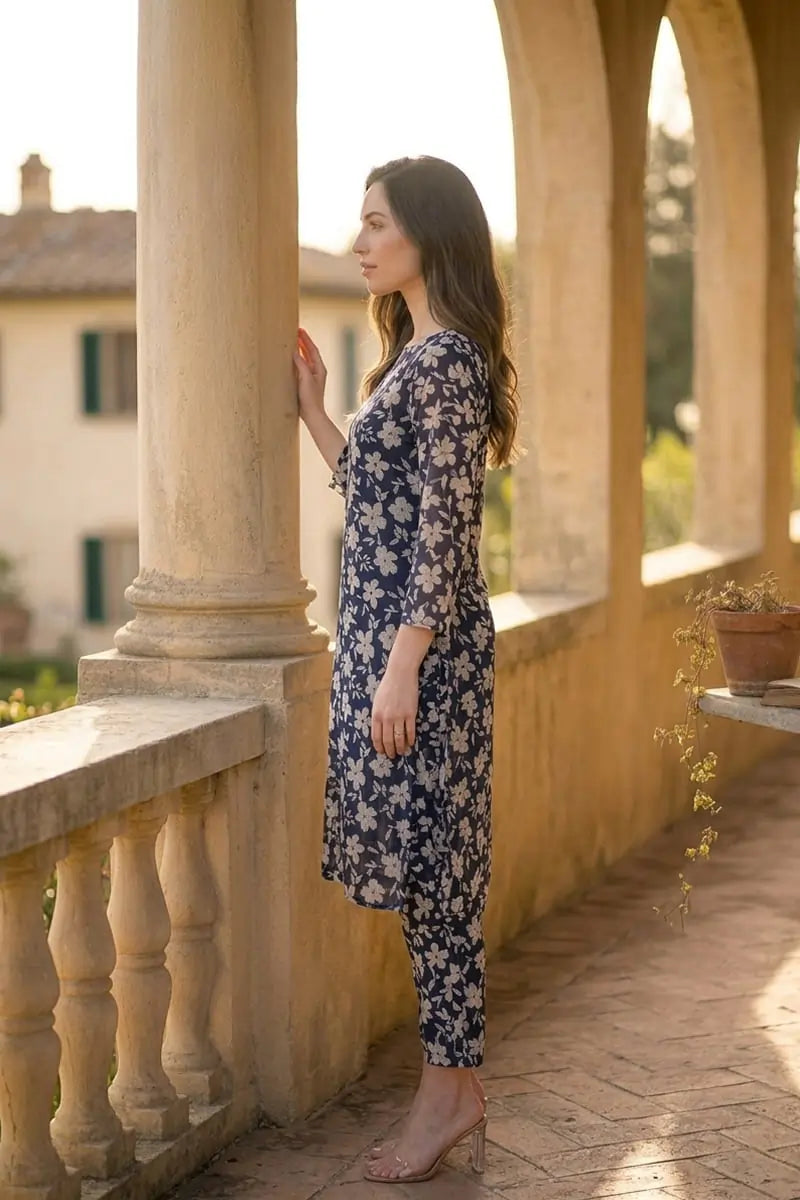 Side profile of the Midnight Blossom 2 piece printed lawn outfit by Dorikhas, showcasing the elegant drape and floral print.