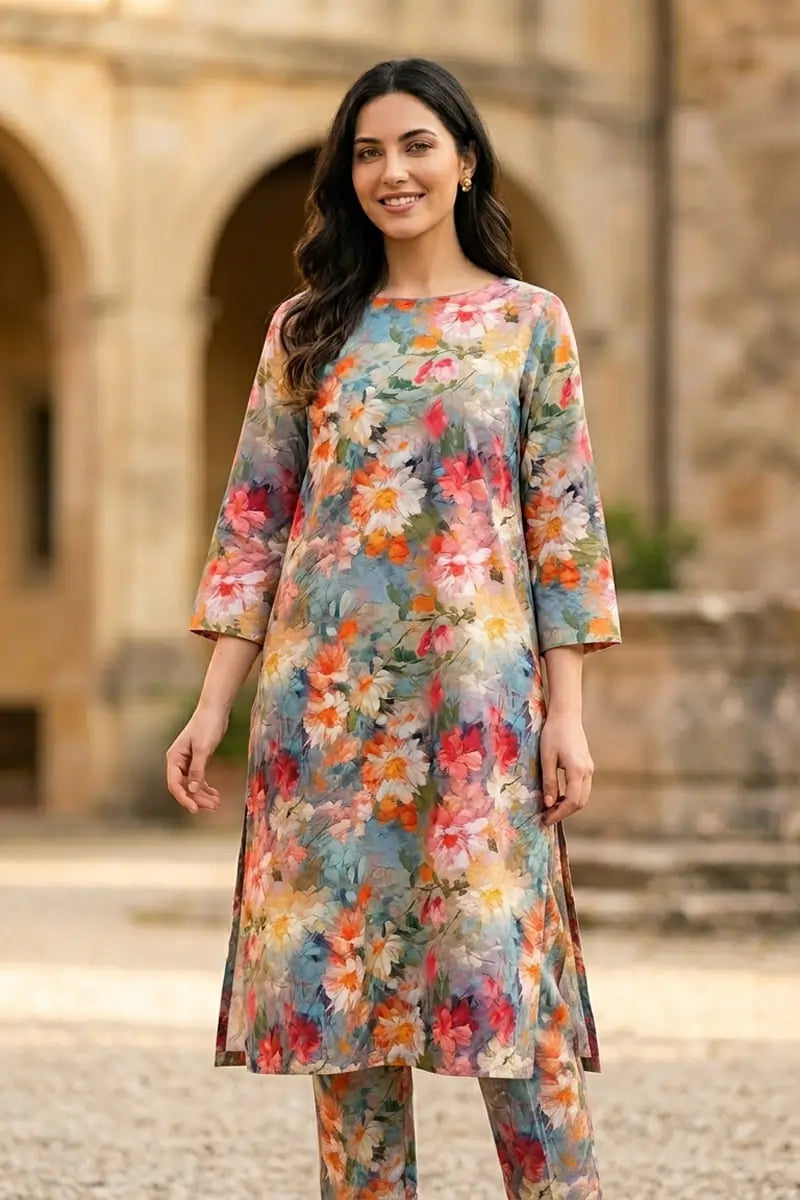 Woman modeling the vibrant Painted Petals 2 piece printed lawn unstitched suit by Dorikhas, featuring a multi-colored watercolor floral print.