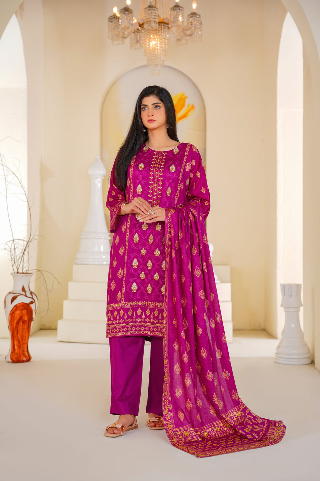 Noor | Magenta Gold Jacquard Suit (3pc)