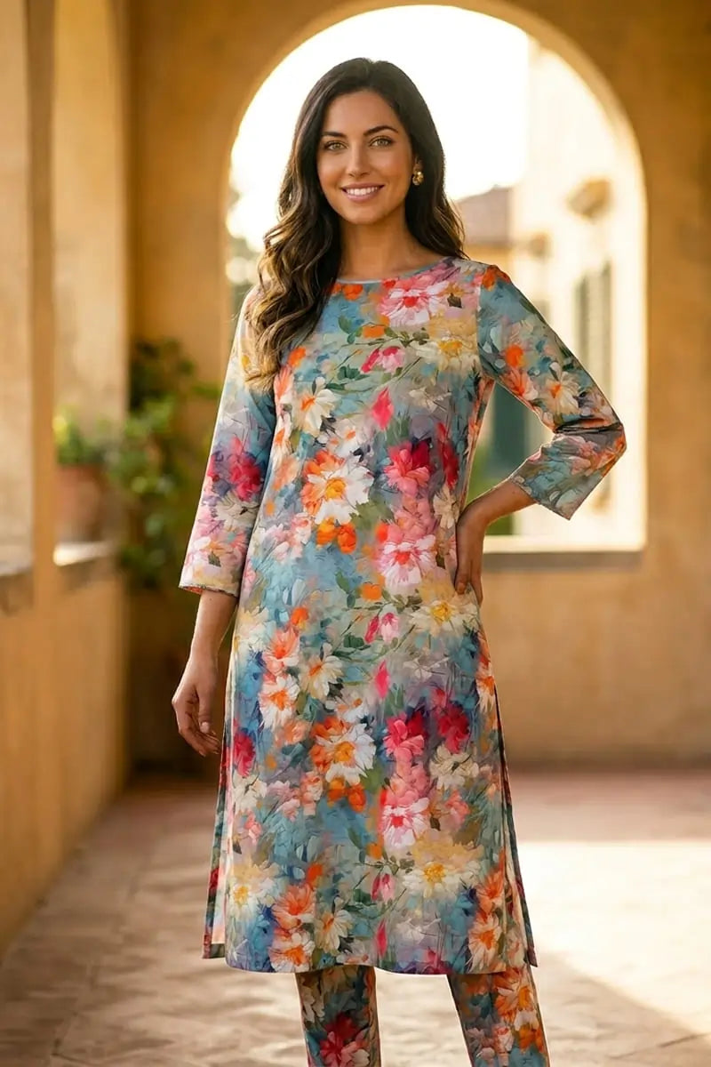 Front view of a smiling model wearing the Dorikhas Painted Petals 2 piece allover printed lawn dress in a bright colorful floral pattern.