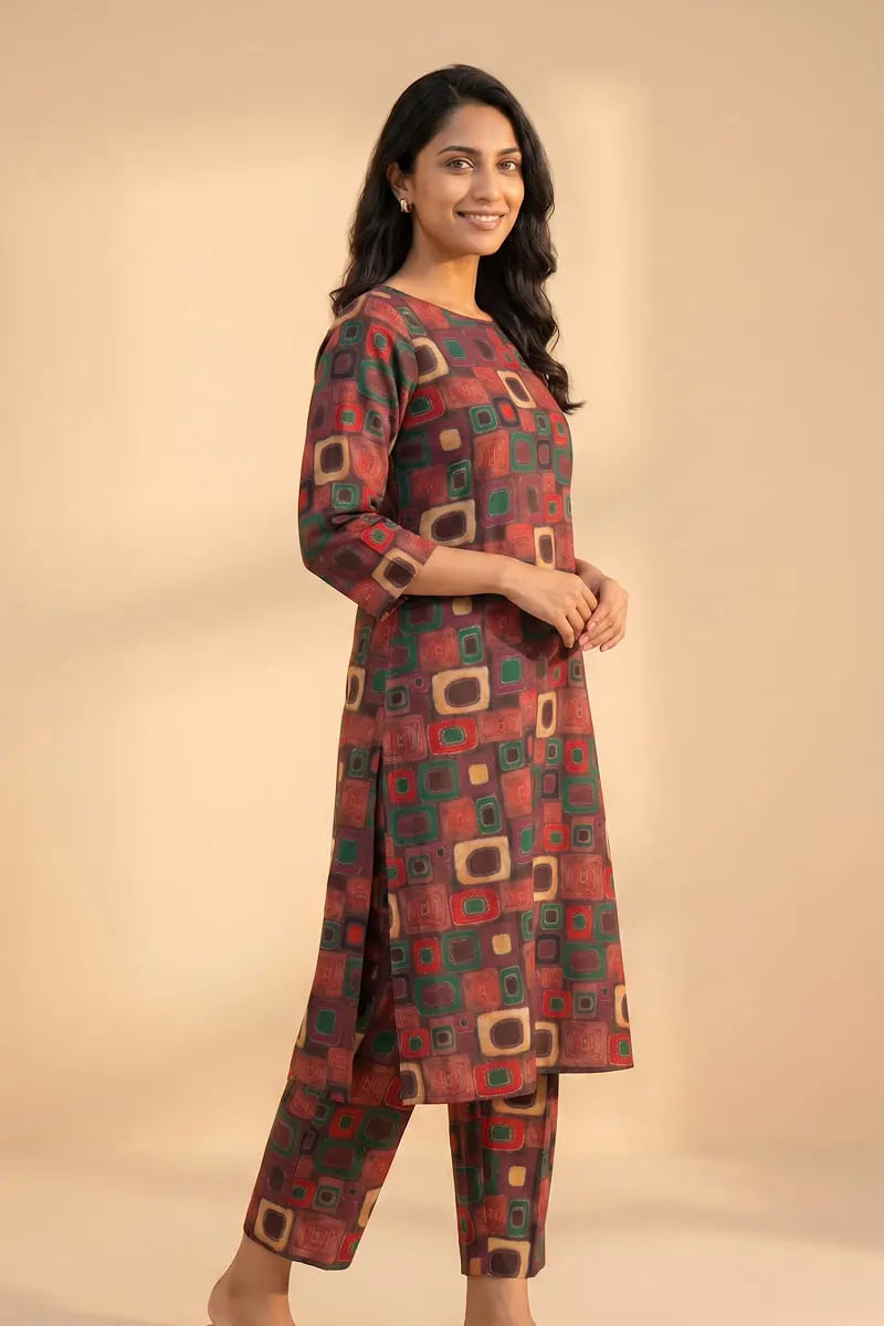 Side profile of a smiling model wearing the Retro Grid 2 piece printed lawn unstitched suit by Dorikhas, featuring a maroon geometric square pattern.