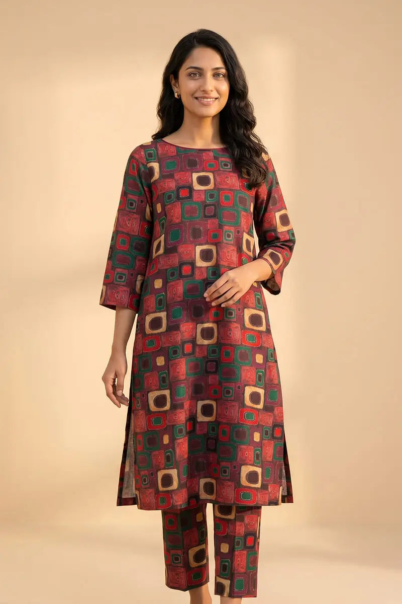 Front view of the Dorikhas Retro Grid 2 piece allover printed lawn dress in a vintage maroon and green geometric pattern.