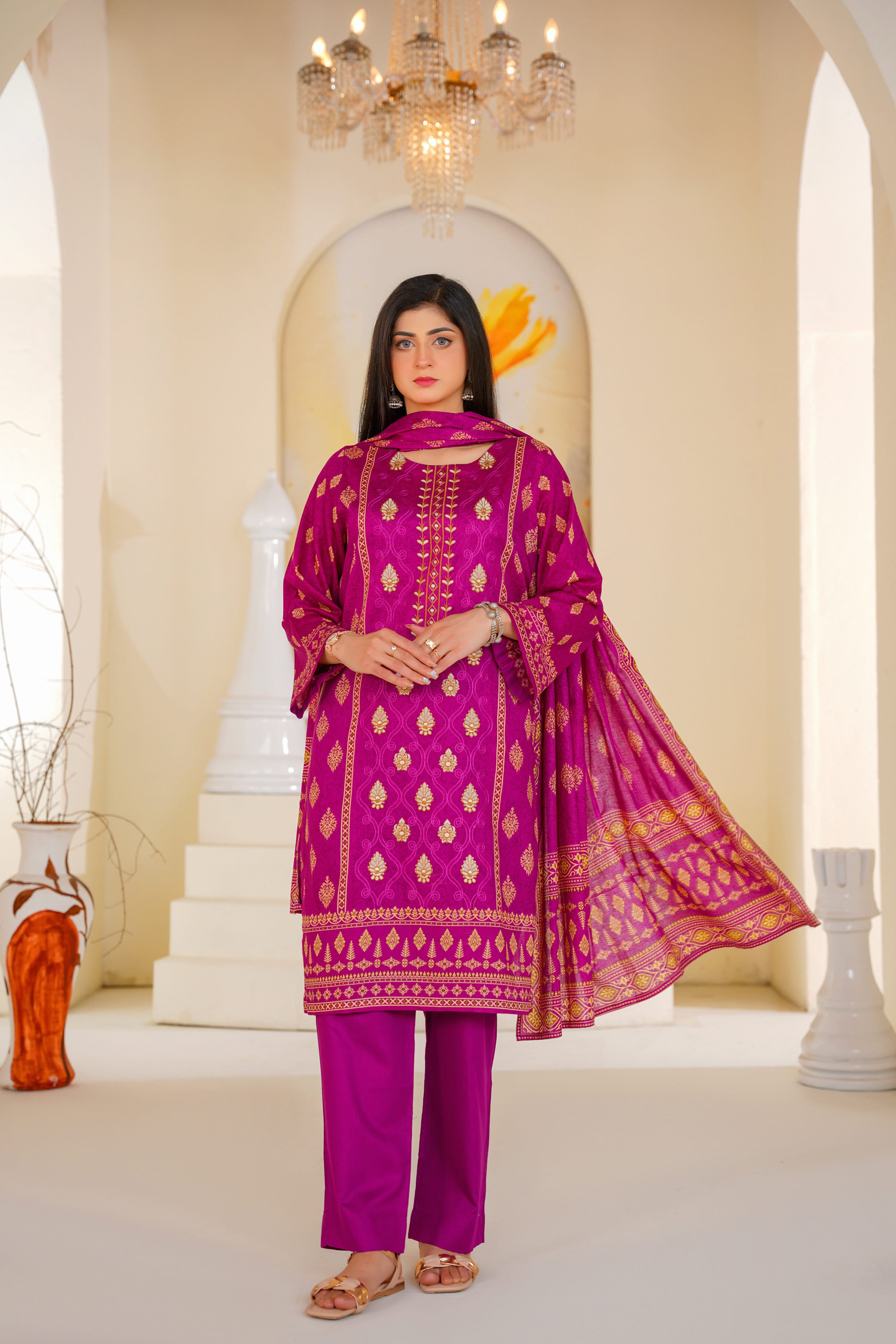 Noor | Magenta Gold Jacquard Suit (3pc)
