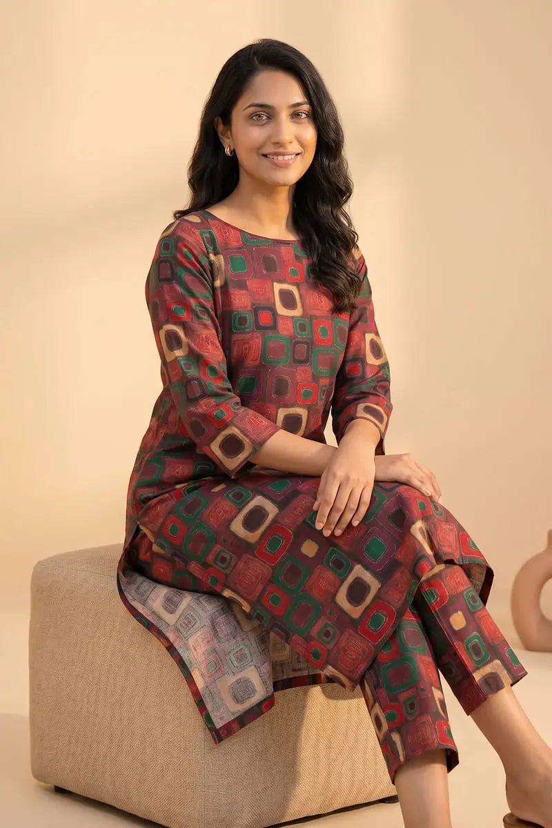 Lifestyle shot of a model sitting on a pouf wearing the unstitched 2 piece Retro Grid printed lawn suit by Dorikhas.