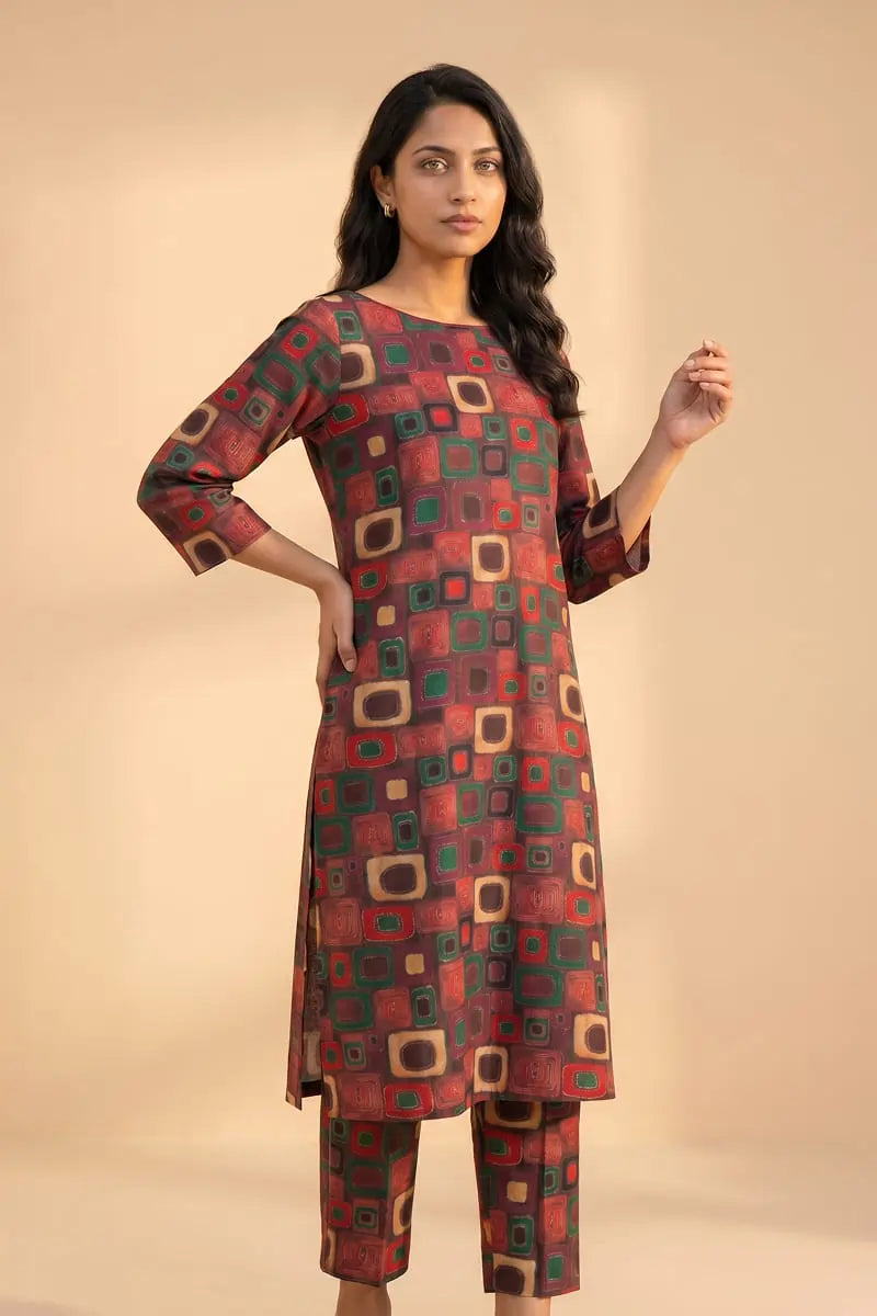 Woman modeling the Retro Grid 2 piece printed lawn outfit by Dorikhas, showcasing the allover geometric square print.