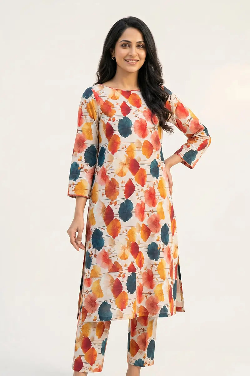 Front view of a smiling woman modeling the Saffron Breeze 2 piece printed lawn unstitched suit by Dorikhas, featuring an orange and teal floral pattern.