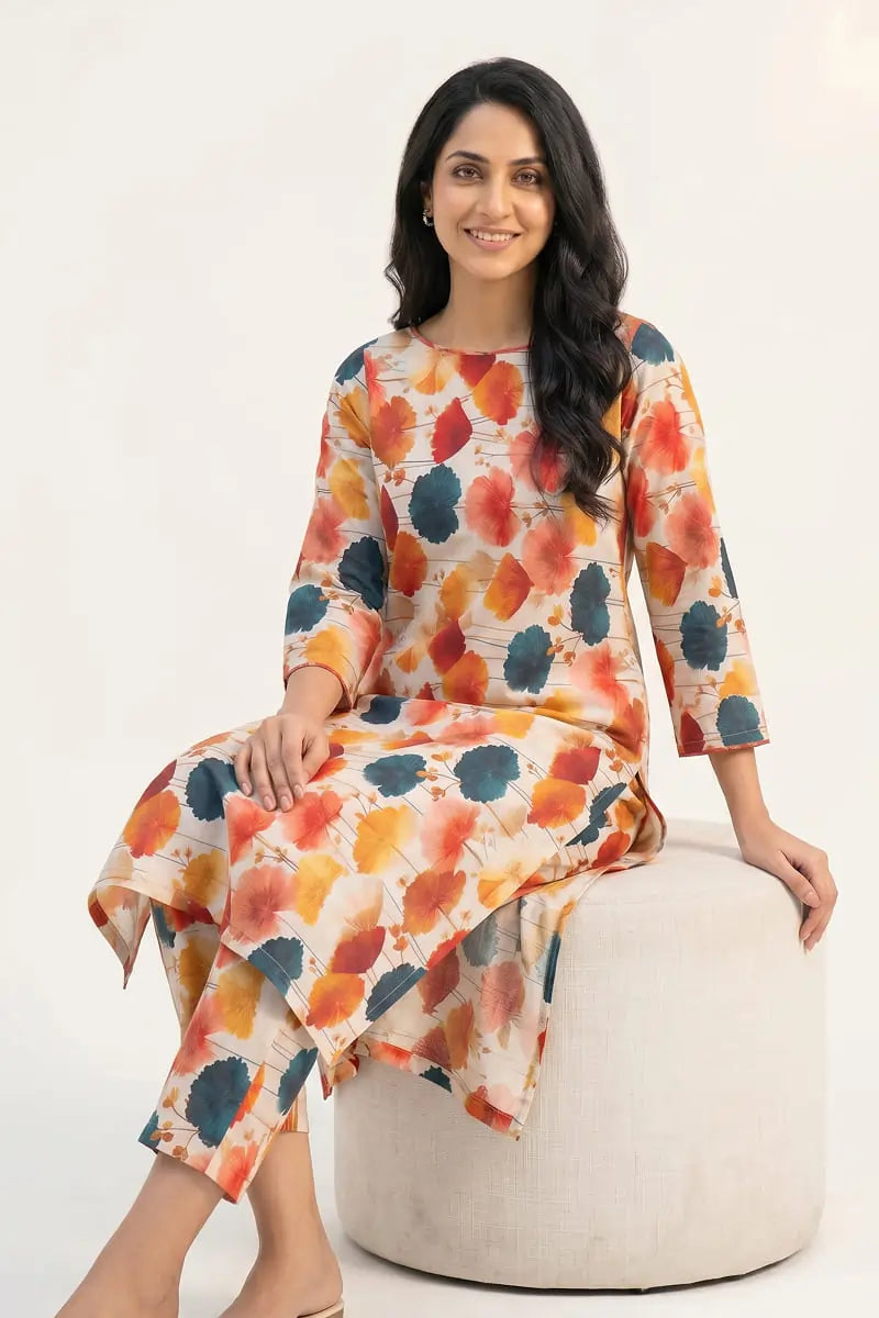 Seated pose of a woman showcasing the elegant drape and colorful botanical print of the Saffron Breeze 2 piece lawn outfit by Dorikhas.