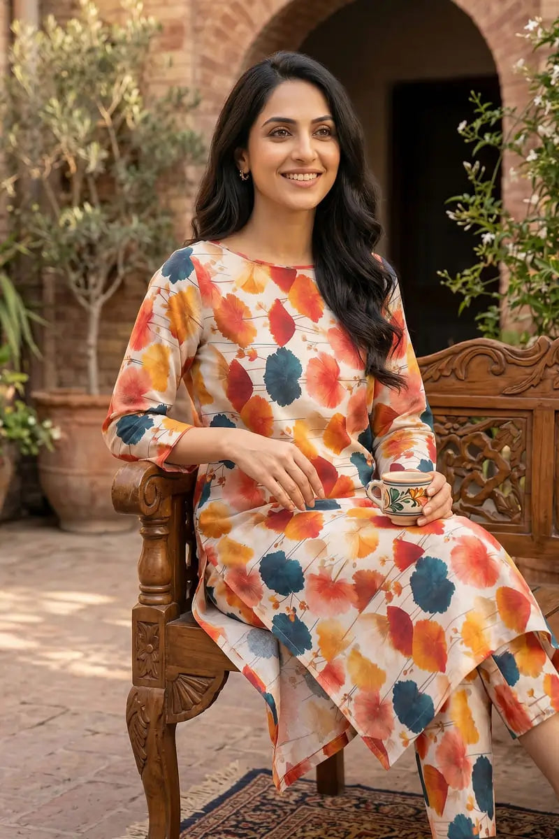Woman sitting on a carved wooden bench outdoors with a teacup, dressed in the bright orange and teal Saffron Breeze 2 piece unstitched suit by Dorikhas.