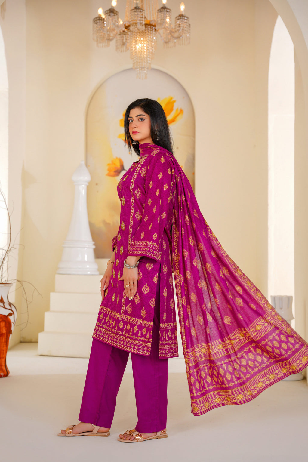 Noor | Magenta Gold Jacquard Suit (3pc)