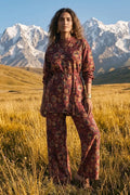 Front view of Garnet Bloom 2 piece unstitched maroon allover printed lawn set by Dorikhas Pakistan.