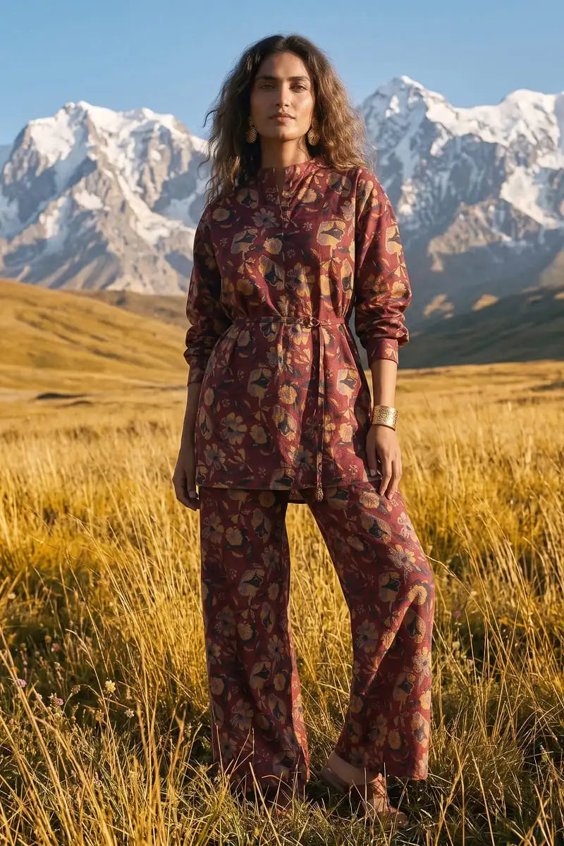 Front view of Garnet Bloom 2 piece unstitched maroon allover printed lawn set by Dorikhas Pakistan.