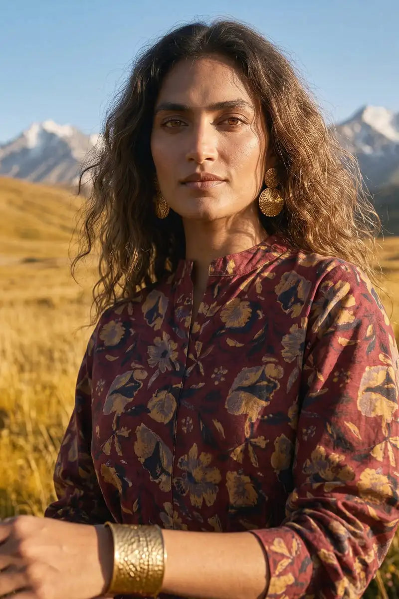 Close-up of model wearing Garnet Bloom 2 piece allover printed lawn suit by Dorikhas Pakistan.