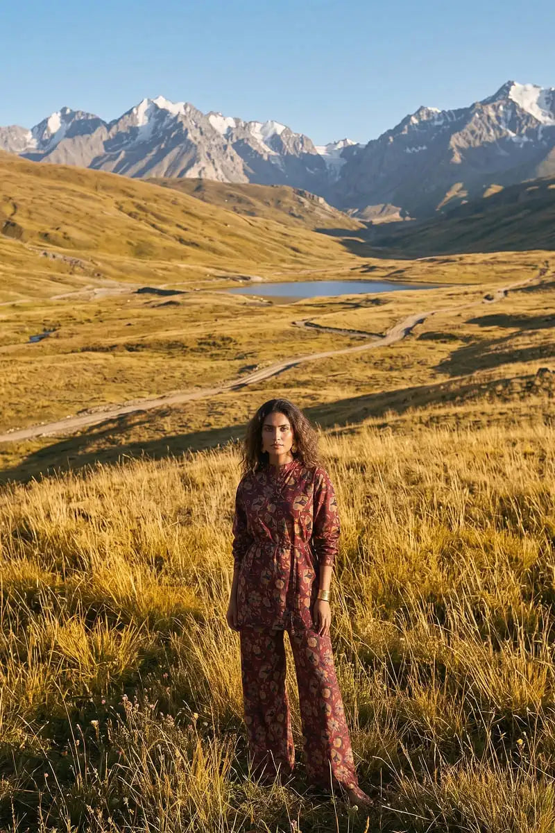Outdoor portrait featuring Garnet Bloom 2 piece unstitched allover printed lawn by Dorikhas Pakistan.