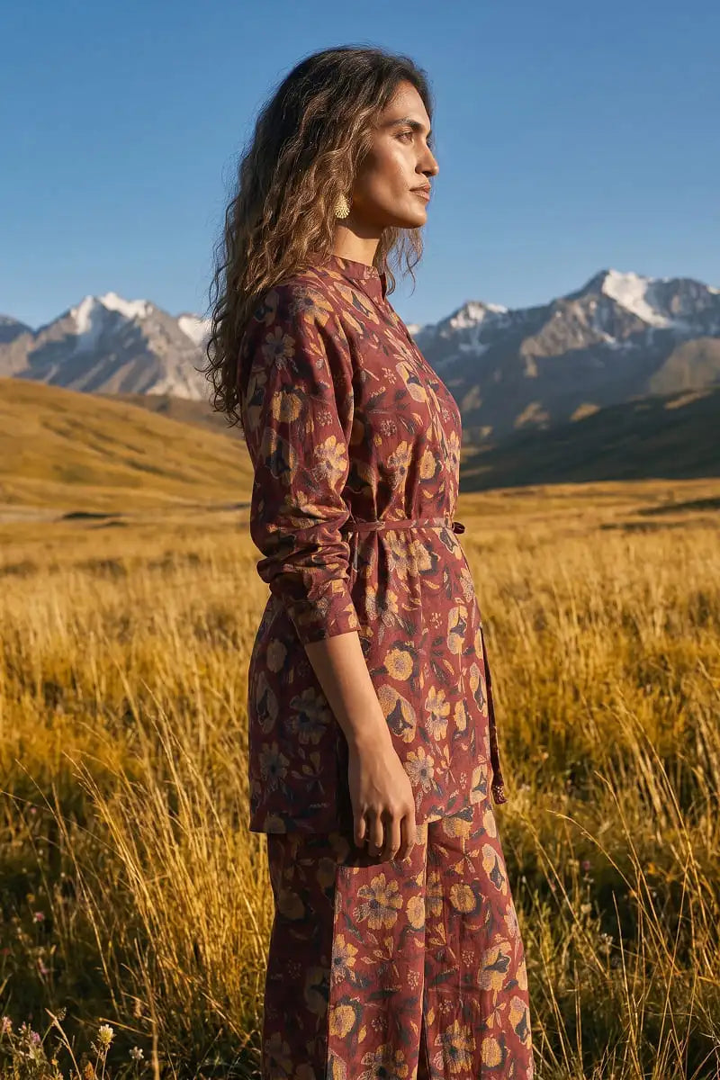Side profile shot of Garnet Bloom 2 piece allover printed lawn collection by Dorikhas Pakistan.