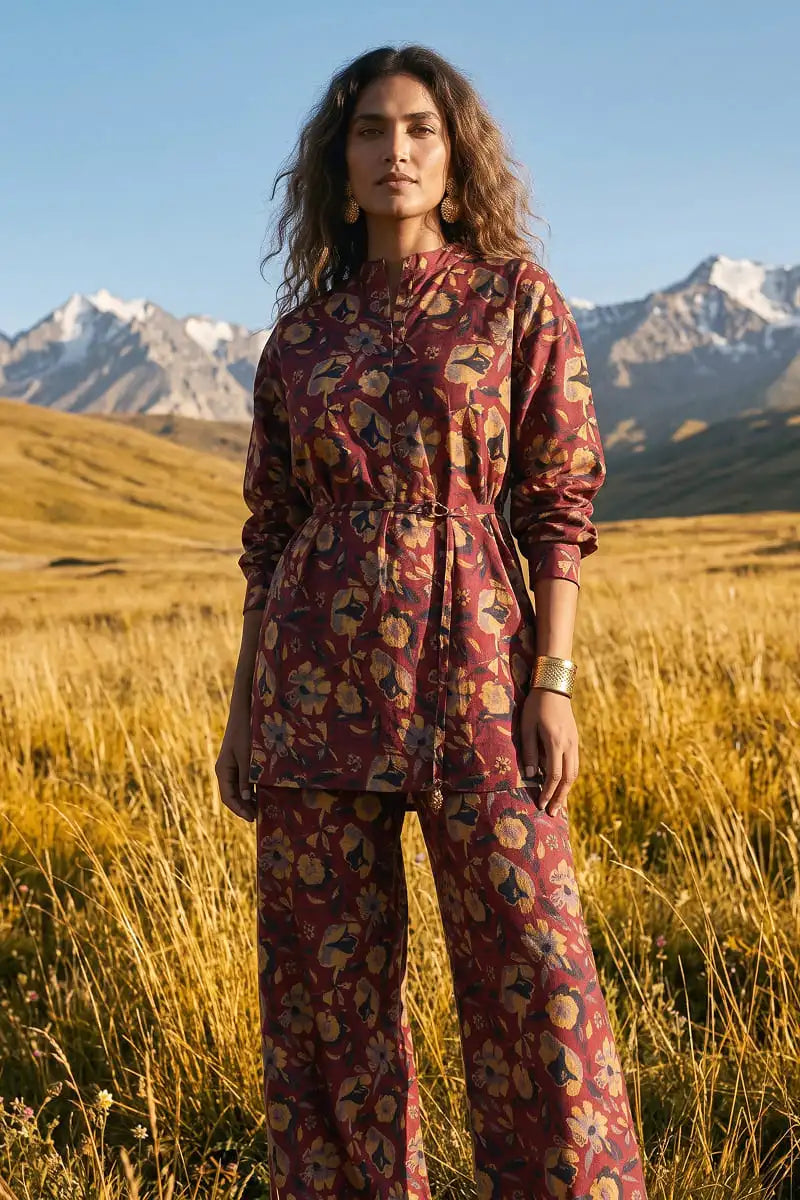 Three-quarter front view of Garnet Bloom 2 piece allover printed lawn suit by Dorikhas Pakistan.