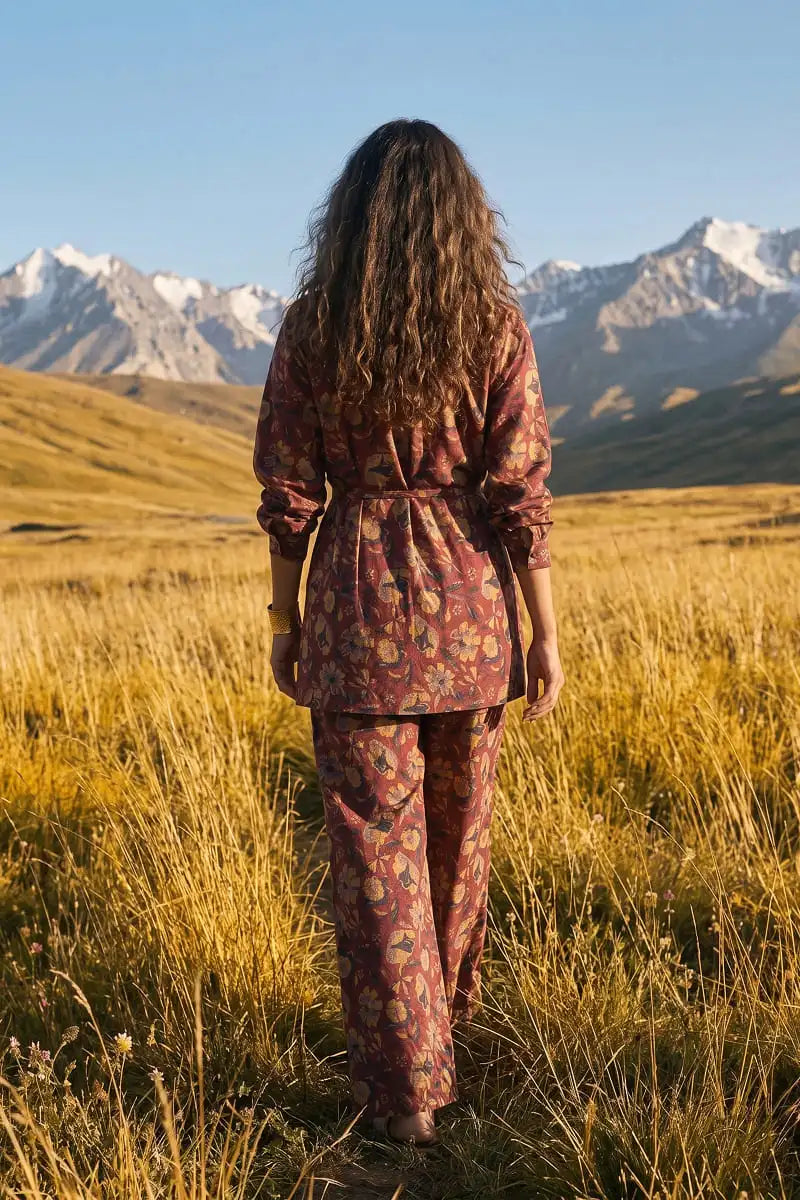 Back view of model wearing Garnet Bloom 2 piece unstitched allover printed lawn by Dorikhas Pakistan.